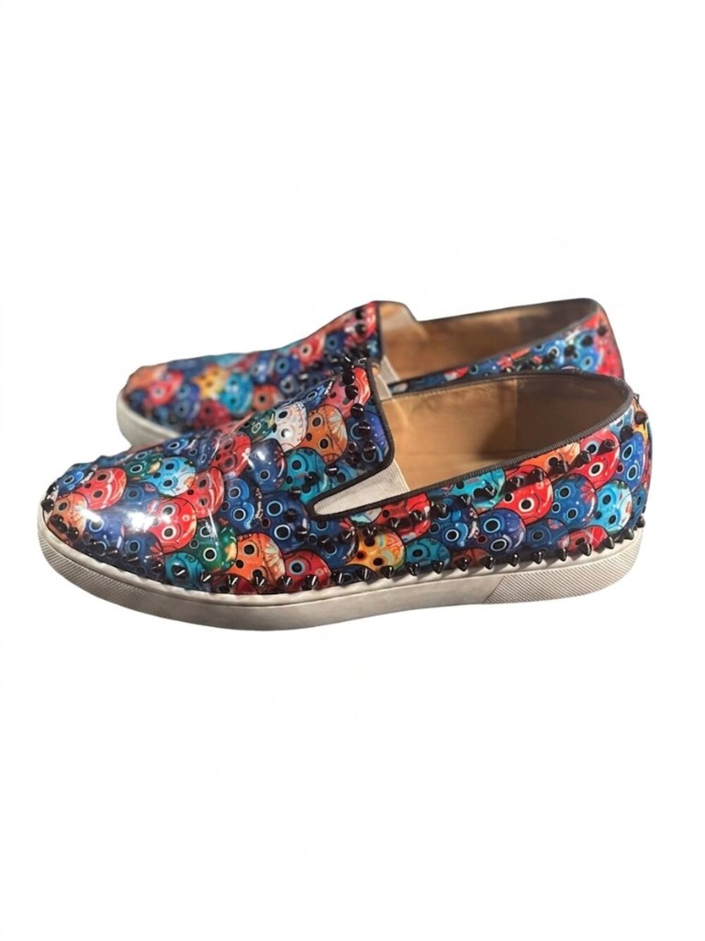 Christian Louboutin Roller Boat Slip-On Multicolor Skull Print Spiked SZ 44